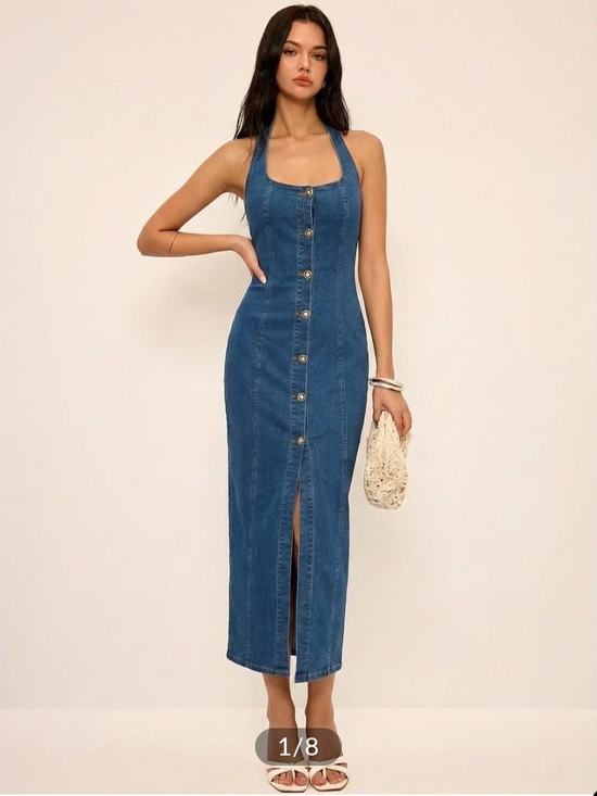 Commense Dresses & Skirts - NWT Commense Blue Denim Halter Button-Front Maxi Dress, Large